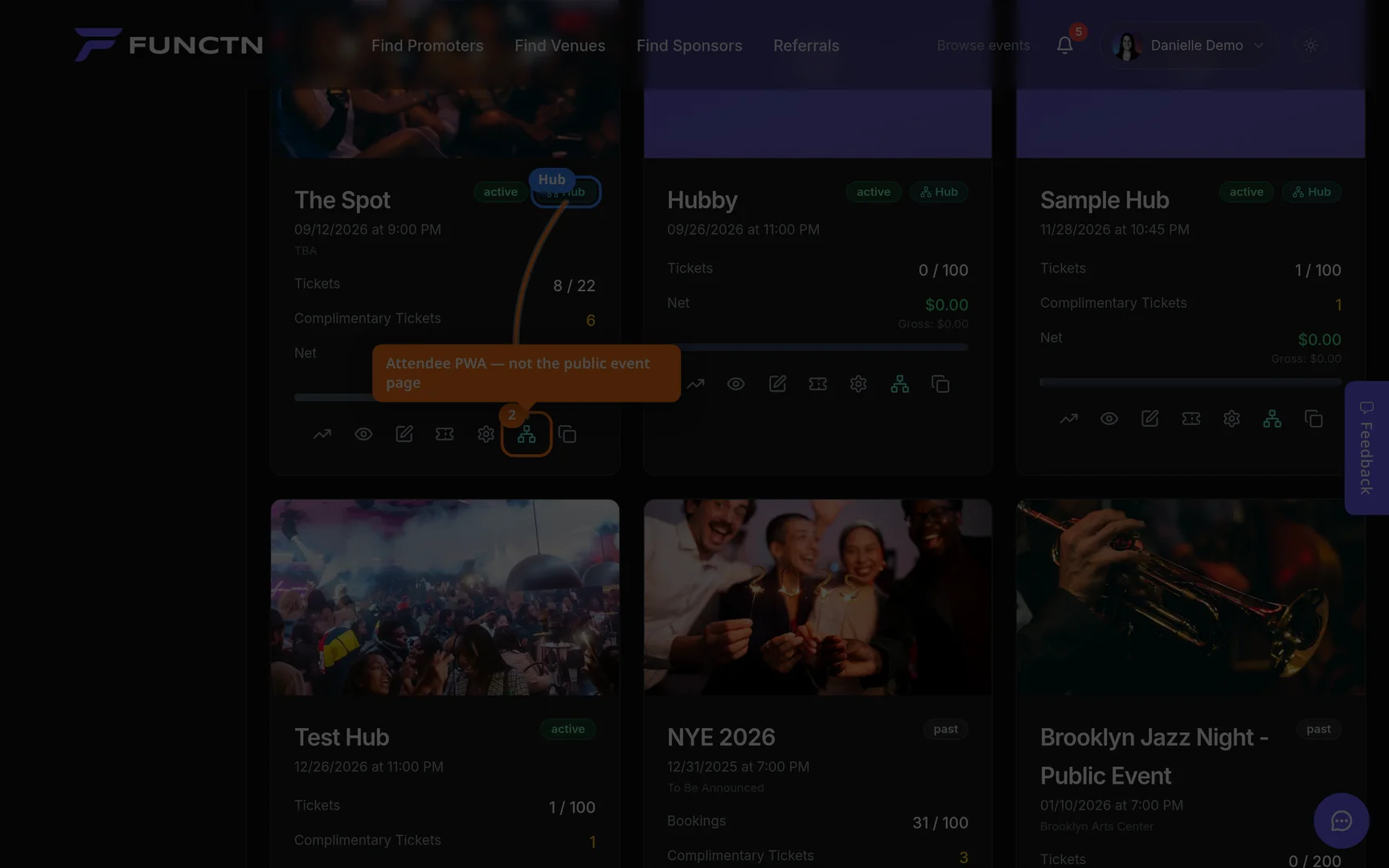 Manage Event Hub highlighted on an event card